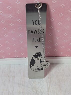 Cat Lover Stainless Bookmark with Heart Paw Charm - Silver